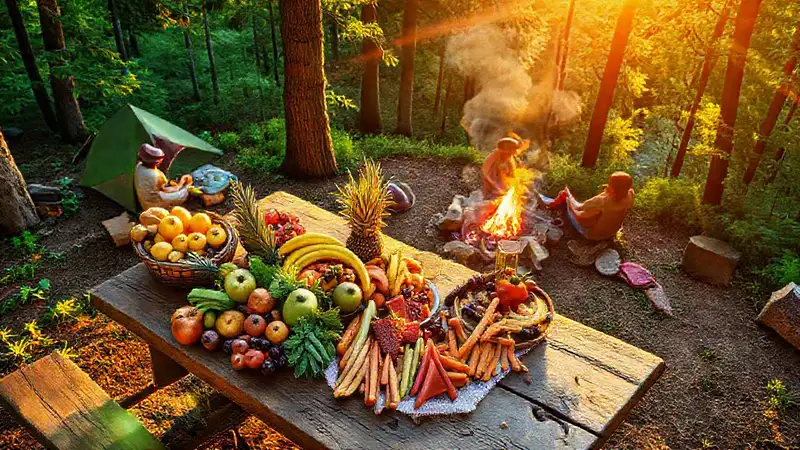 Campesinos felices disfrutan un picnic mágico