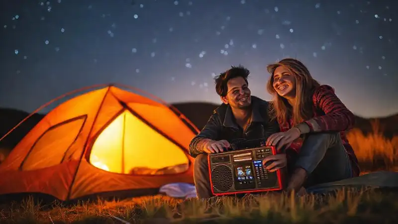 Pareja feliz acampa, disfruta la noche